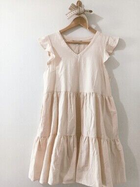 EVERKAKI CREAM RUFFLED FLUTTER SLEEVE V-NECK TIERED BABYDOLL MINI DRESS SMALL